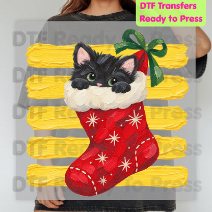 Christmas Black Cat DTF Transfers, Stocking Cute Kitten Holiday Ready to Press