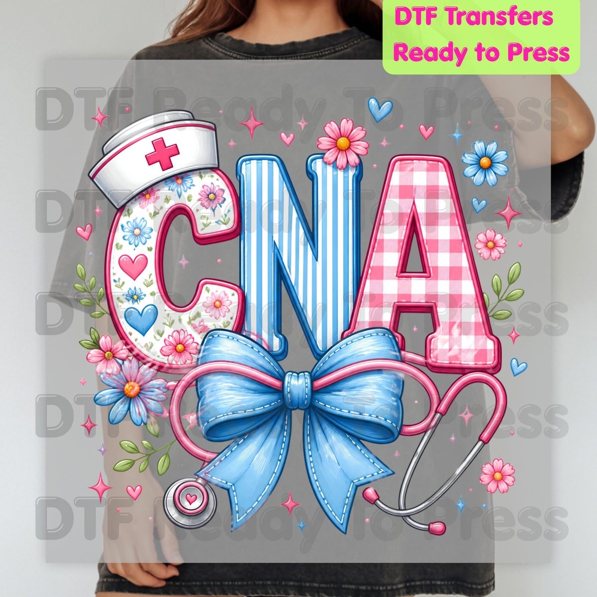 CNA Floral Bow DTF Transfers, Coquette Nurse Stethoscope Pink Blue Medical Graphic Ready to Press