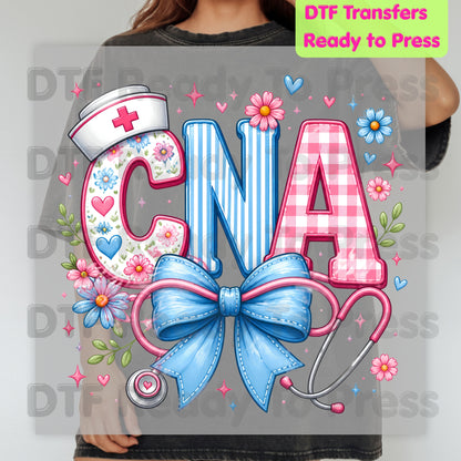 CNA Floral Bow DTF Transfers, Coquette Nurse Stethoscope Pink Blue Medical Graphic Ready to Press