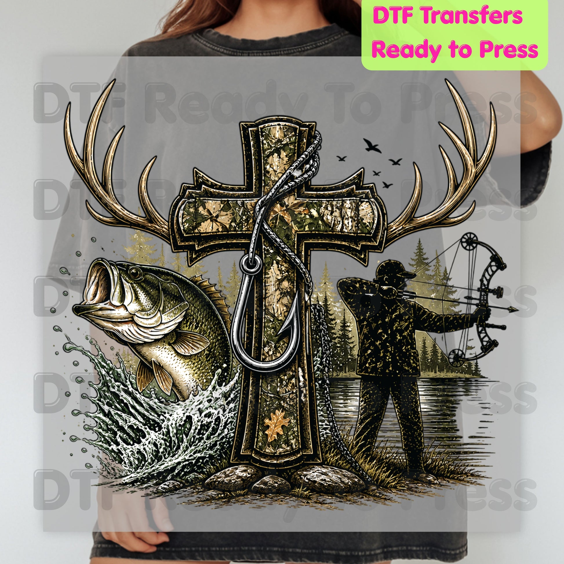 Camo Cross Religious Fishing Hunter DTF Transfer Ready to Press Christian Heat Transfer Outdoors Deer Antler Bass Bow Hunting Tee