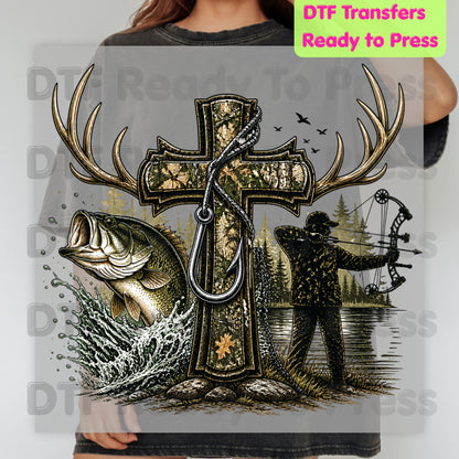Camo Cross Religious Fishing Hunter DTF Transfer Ready to Press Christian Heat Transfer Outdoors Deer Antler Bass Bow Hunting Tee