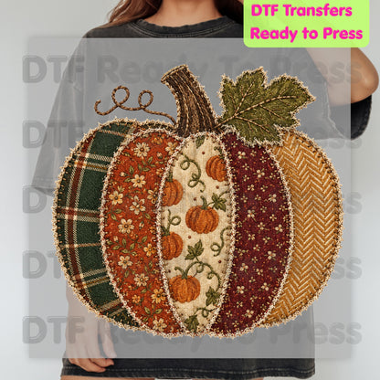 Fall Pumpkin DTF Transfer Ready to Press Patchwork Patch Plaid Floral Pumpkin Heat Transfer Shirts Vintage Autumn Vibe Graphic Tees