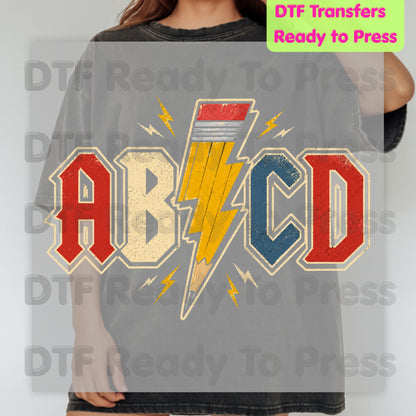 AB CD Lightning Bolt Pencil DTF Transfers, Rock N Roll Teacher Back to School Ready to Press