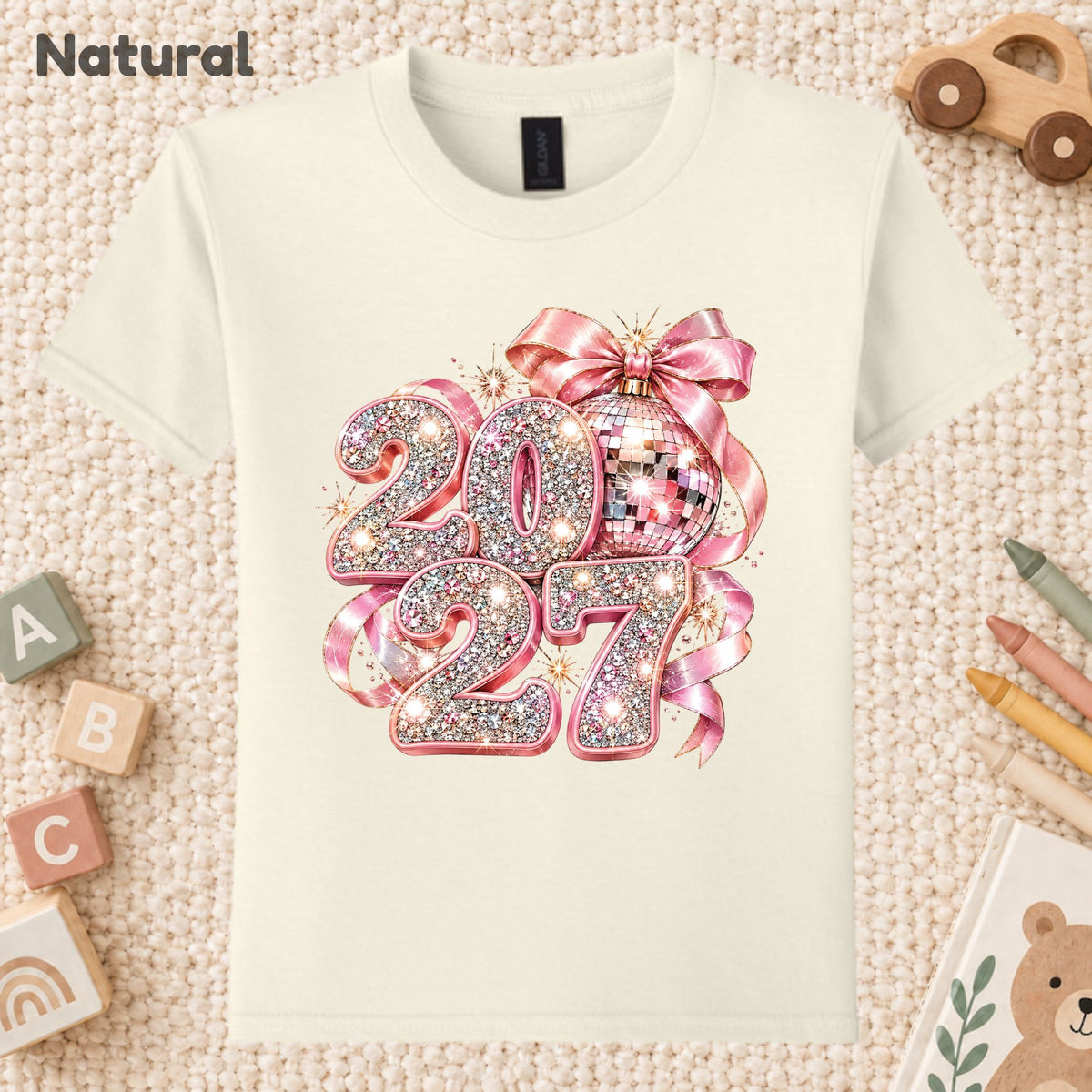 New Year 2027 T-Shirt, Pink Glitter Disco Ball Bow Tee, Sparkly Party Sweatshirt