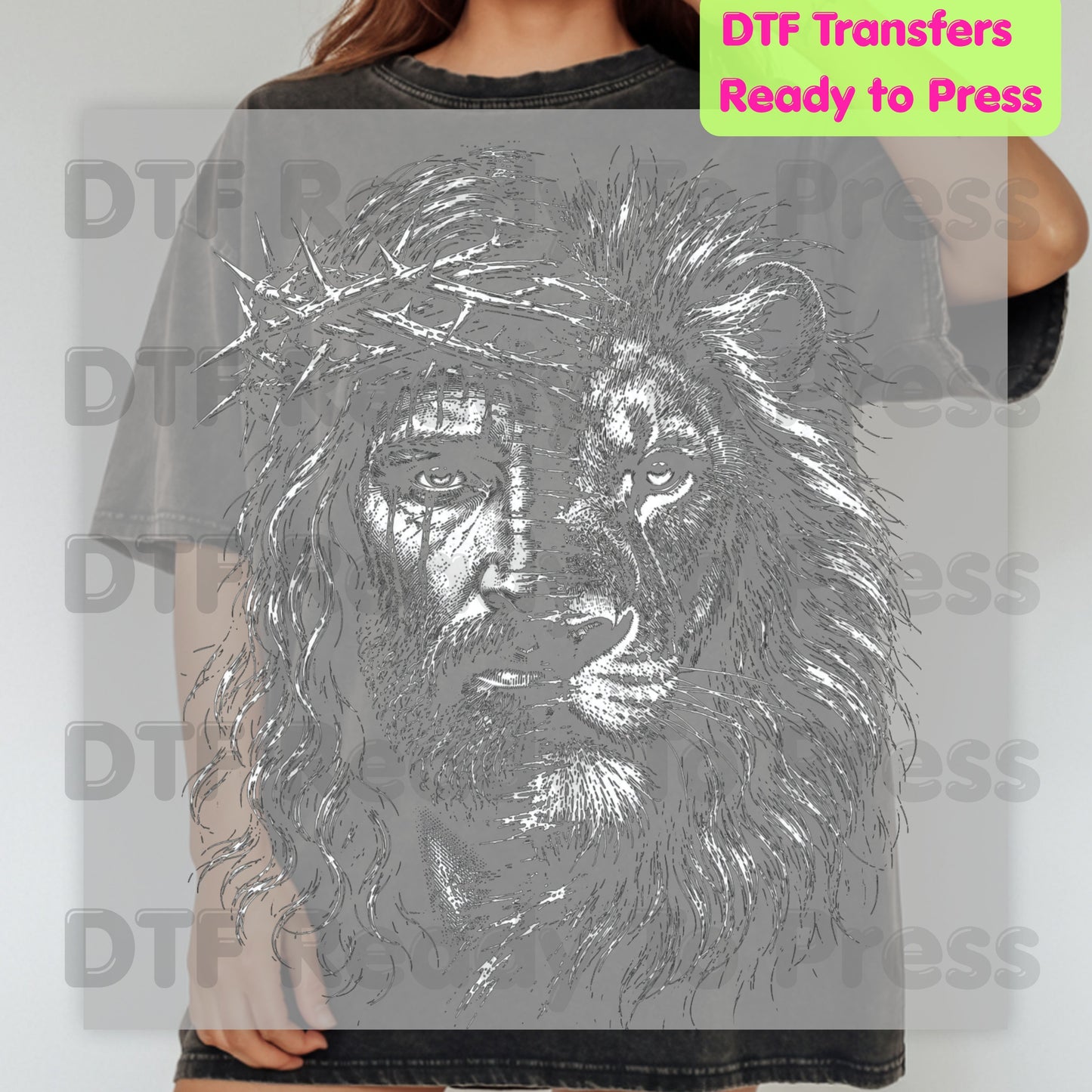 Jesus and Lion DTF Transfer Ready to Press Christian Heat Transfer for Shirts Crown of Thorns Religious Portrait Tee