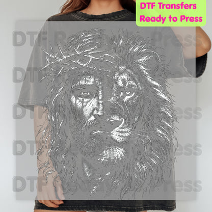 Jesus and Lion DTF Transfer Ready to Press Christian Heat Transfer for Shirts Crown of Thorns Religious Portrait Tee