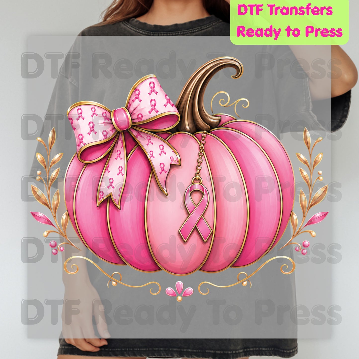 Breast Cancer DTF Transfer Ready to Press Pink Pumpkin Ribbon Bow Awareness Heat Transfer Tee Print Direct to Film Transfer