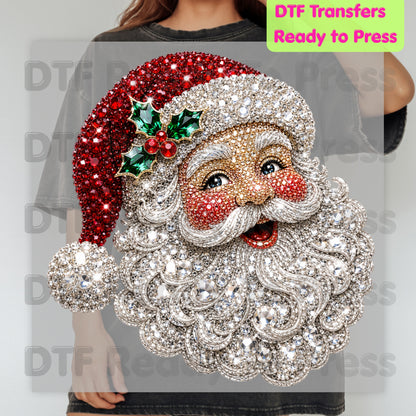 Christmas Santa Claus DTF Transfers, Vintage Bejeweled Rhinestone Santa Head Festive Holiday Ready to Press