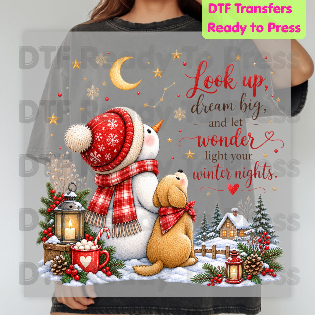 Snowman Dog DTF Transfers, Look Up Dream Big Quote Cute Winter Christmas Ready to Press