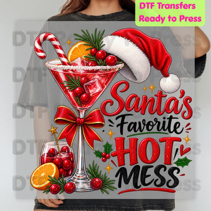 Santa's Favorite Hot Mess DTF Transfers, Funny Cocktail Drink Christmas Holiday Ready to Press