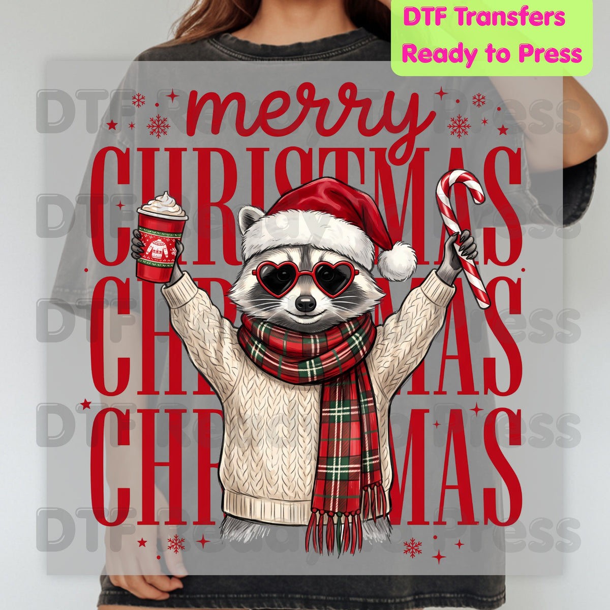 Merry Christmas Raccoon DTF Transfers, Coffee Candy Cane Festive Holiday Ready to Press