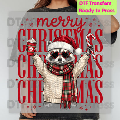 Merry Christmas Raccoon DTF Transfers, Coffee Candy Cane Festive Holiday Ready to Press