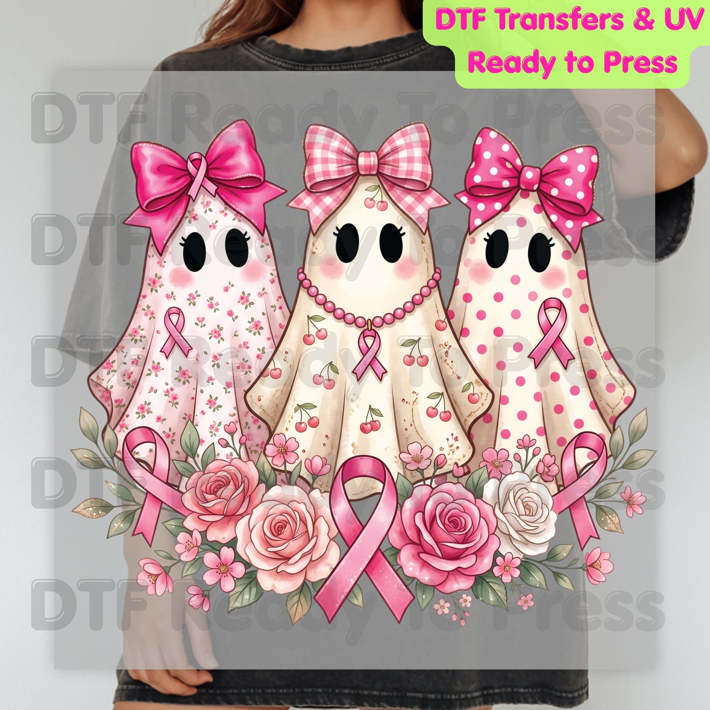 Pink Ghost Boo Crew Breast Cancer Awareness DTF Transfer Ready to Press Heat Transfer Floral Ribbon Tee