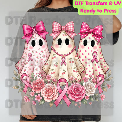 Pink Ghost Boo Crew Breast Cancer Awareness DTF Transfer Ready to Press Heat Transfer Floral Ribbon Tee