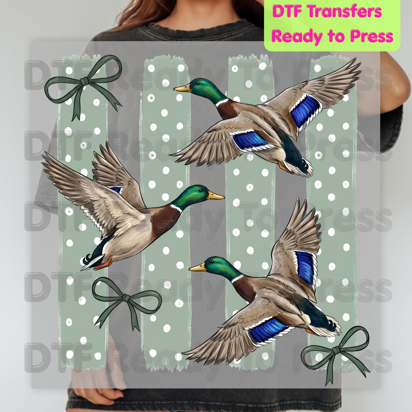 Flying Mallard Ducks DTF Transfers, Vintage Mallard Green Bows Polka Dot Coquette Hunting Ready to Press