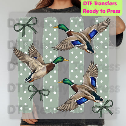 Flying Mallard Ducks DTF Transfers, Vintage Mallard Green Bows Polka Dot Coquette Hunting Ready to Press