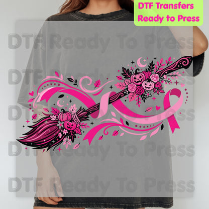 Pink Witch Broom Pumpkin Ribbon Breast Cancer Awareness DTF Transfer Ready to Press Heat Transfer Tee