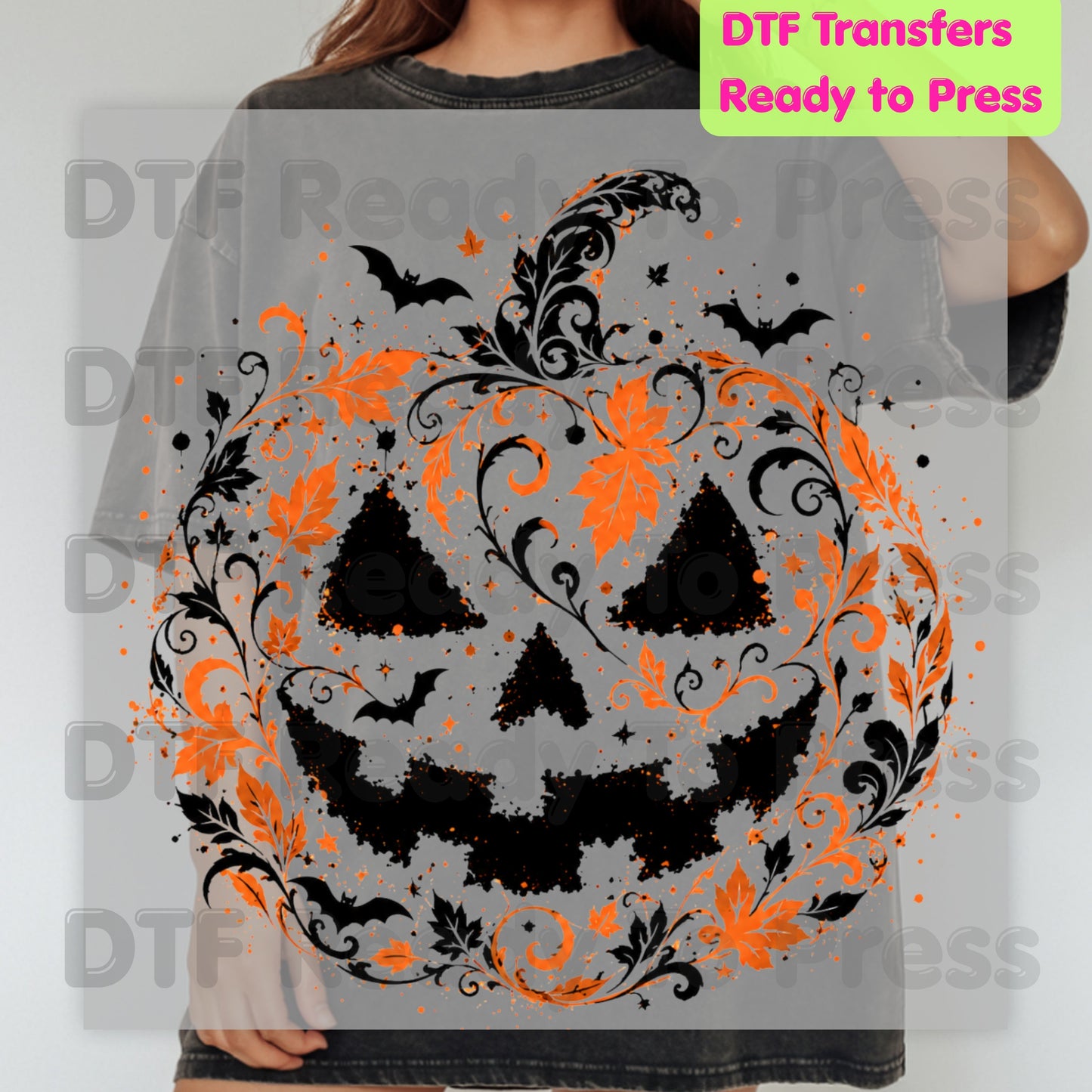Halloween Pumpkin Face DTF Transfers, Intricate Floral Swirl Gothic Spooky Ready to Press