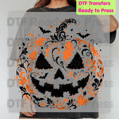 Halloween Pumpkin Face DTF Transfers, Intricate Floral Swirl Gothic Spooky Ready to Press