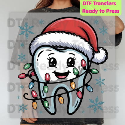 Christmas Cute Dental Tooth DTF Transfers, Dentist Hygienist Santa Holiday Lights Ready to Press