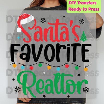 Santa's Favorite Realtor DTF Transfers, Christmas Real Estate Holiday Lights Ready to Press