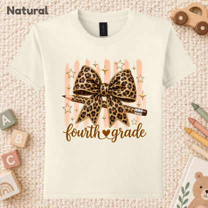 Fourth Grade Leopard Bow Pencil T-Shirt, Cute Back to School Tee for Toddler and Kids