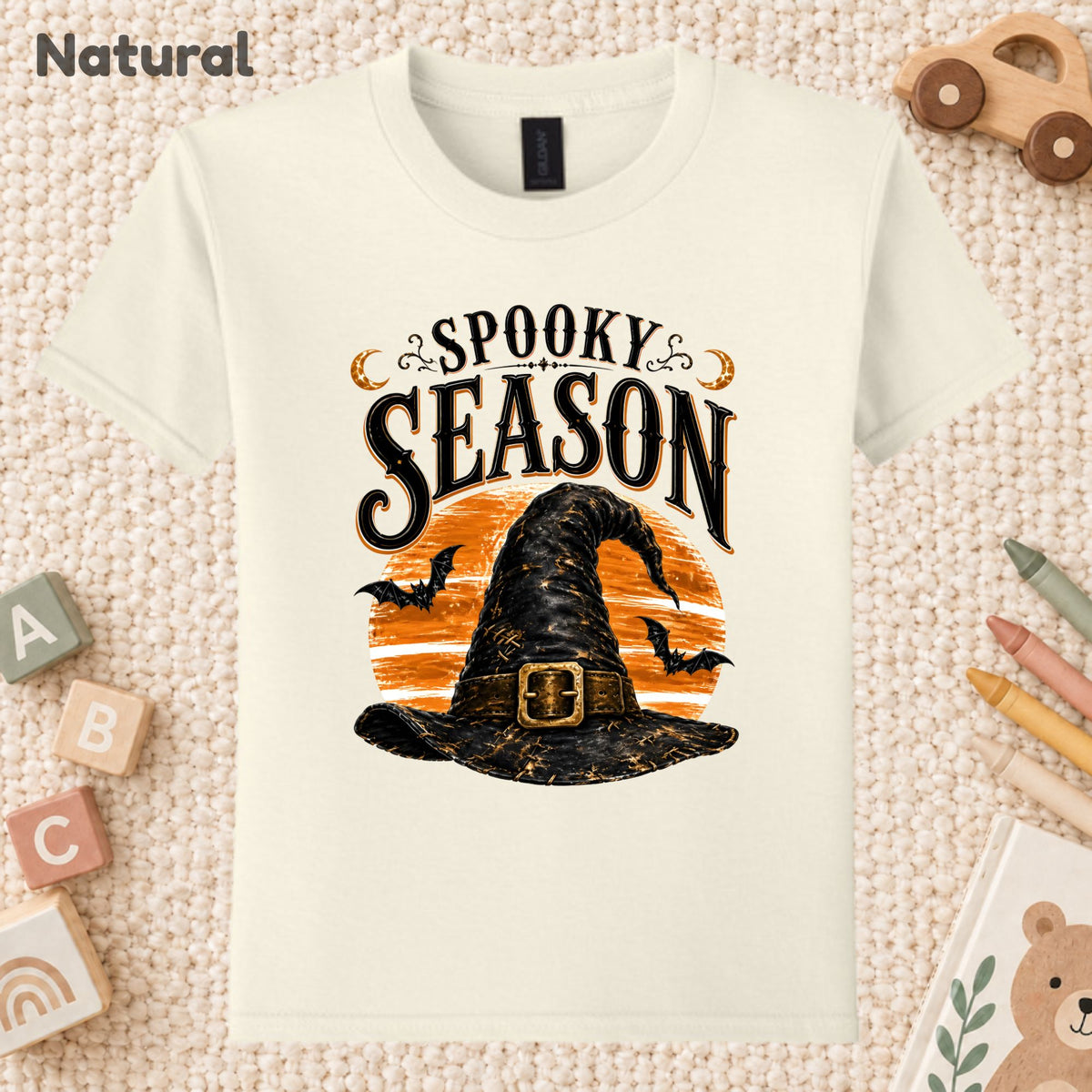 Spooky Season Vintage Witch Hat T-Shirt, Halloween Orange Moon Bats Tee for Toddler and Kids