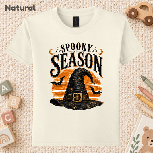 Spooky Season Vintage Witch Hat T-Shirt, Halloween Orange Moon Bats Tee for Toddler and Kids