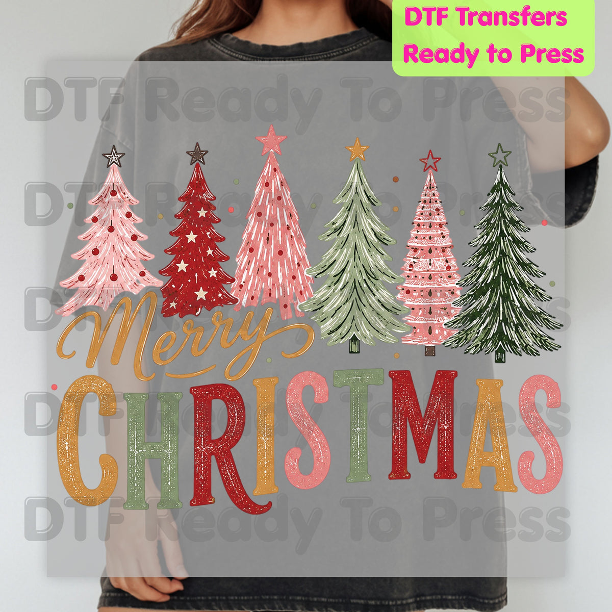 Christmas DTF Transfer, Colorful Christmas Trees, Gold Script