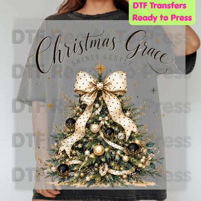 Grace Shines Gently Christmas DTF Transfers, Tree Gold Ribbon Elegant Holiday Ready to Press