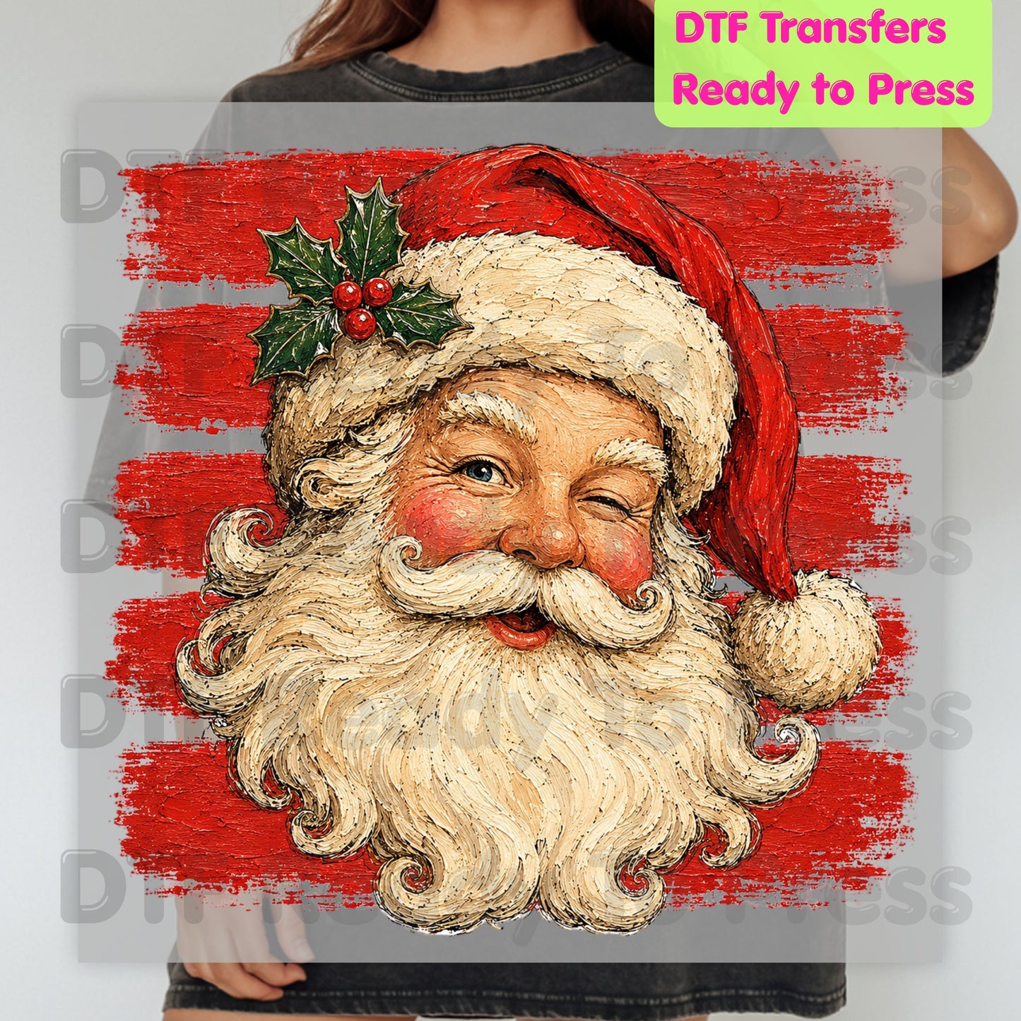 Vintage Winking Santa DTF Transfers, Retro Christmas Red Stripes Nostalgic Holiday Ready to Press