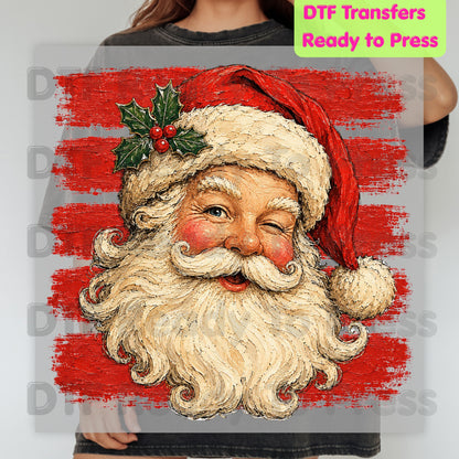 Vintage Winking Santa DTF Transfers, Retro Christmas Red Stripes Nostalgic Holiday Ready to Press