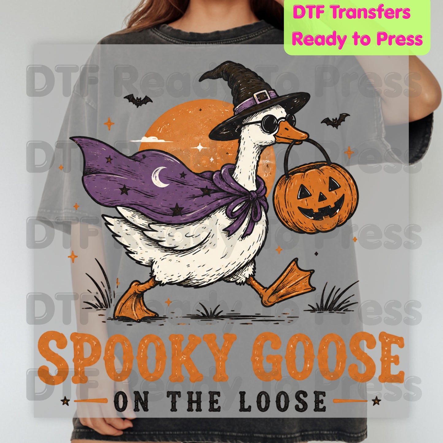Spooky Goose DTF Transfers, Witch Goose Halloween Pumpkin Trick or Treat Ready to Press