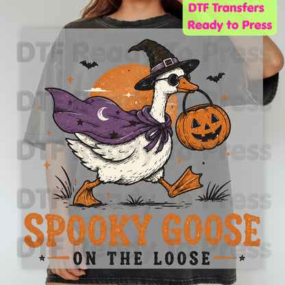 Spooky Goose DTF Transfers, Witch Goose Halloween Pumpkin Trick or Treat Ready to Press