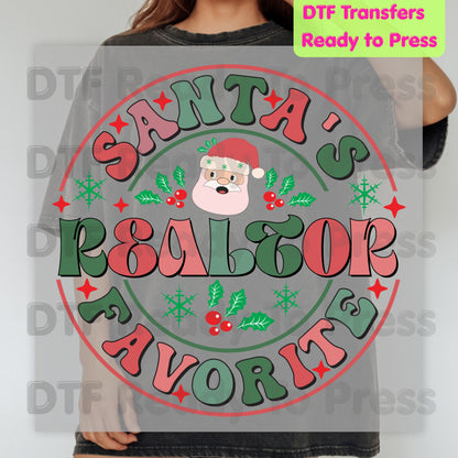 Santa's Favorite Realtor DTF Transfers, Christmas Real Estate Retro Circle Graphic Ready to Press
