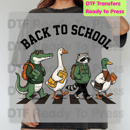 Back to School Abbey Road Animals DTF Transfers, Alligator Goose Raccoon Duck Ready to Press
