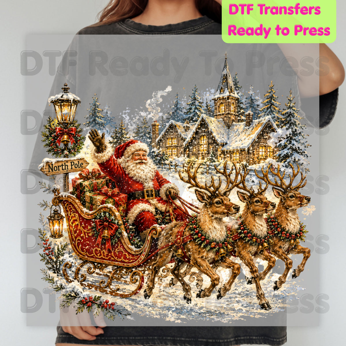 Vintage Santa DTF Transfers, Sleigh Reindeer North Pole Winter Village Christmas Ready to Press