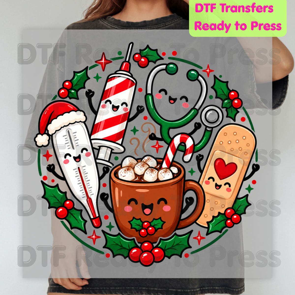 Christmas Medical Squad DTF Transfers, Cute Nurse Holiday Cocoa Stethoscope Graphic Ready to Press