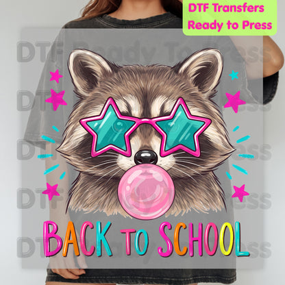 Back to School Raccoon DTF Transfers, Star Sunglasses Bubblegum Trash Panda Ready to Press