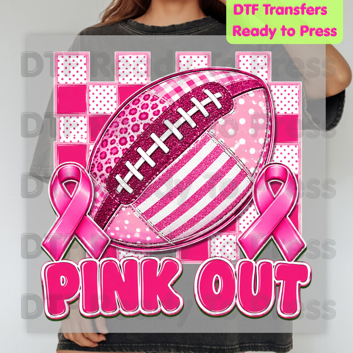 Pink Out DTF Transfers, Breast Cancer Awareness Football Pink Ribbon Support Ready to Press