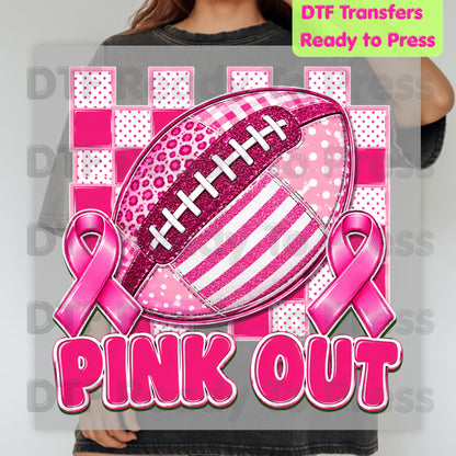 Pink Out DTF Transfers, Breast Cancer Awareness Football Pink Ribbon Support Ready to Press