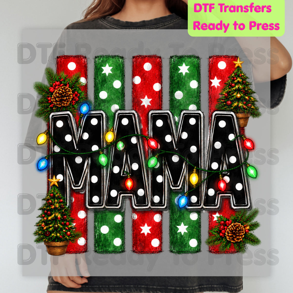 Christmas Mama DTF Transfers, Christmas Tree Lights Black Polka Dot Holiday Ready to Press