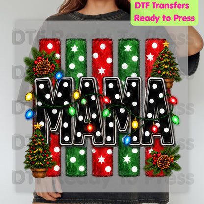 Christmas Mama DTF Transfers, Christmas Tree Lights Black Polka Dot Holiday Ready to Press