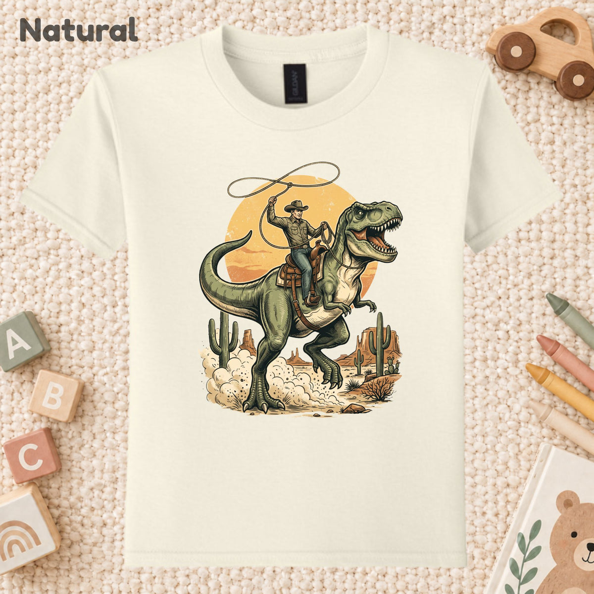 Cowboy Riding T-Rex Western T-Shirt, Rodeo Dinosaur Desert Cactus Tee for Toddler and Kids