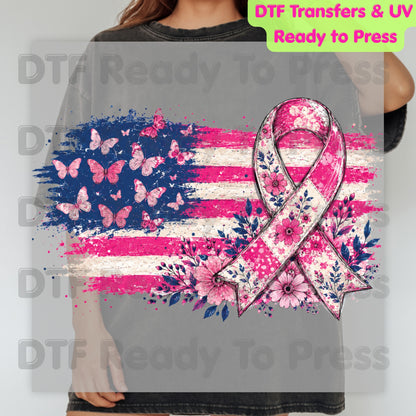 American Flag Pink Ribbon Butterfly Breast Cancer Awareness DTF Transfer Ready to Press Heat Transfer Tee