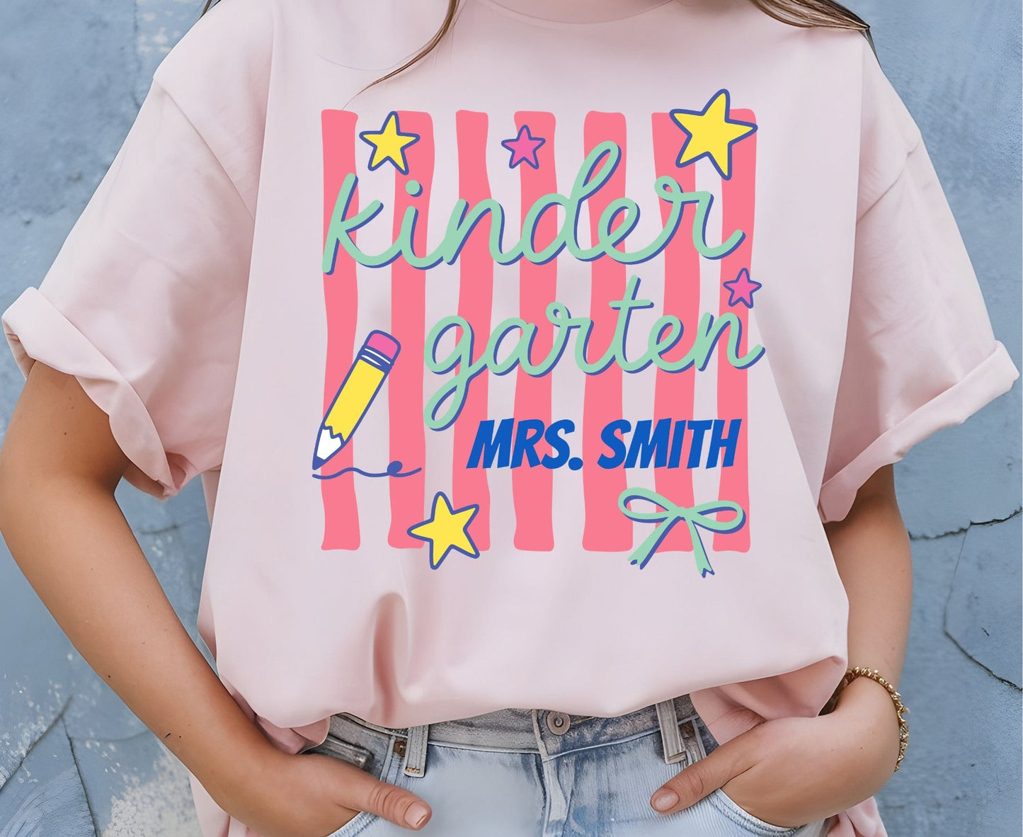 Comfort Colors® Custom Kindergarten Teacher Shirt Retro Stripe Kindergarten Team Tees Personalized Name T Shirt For Men Women Kids Elementary