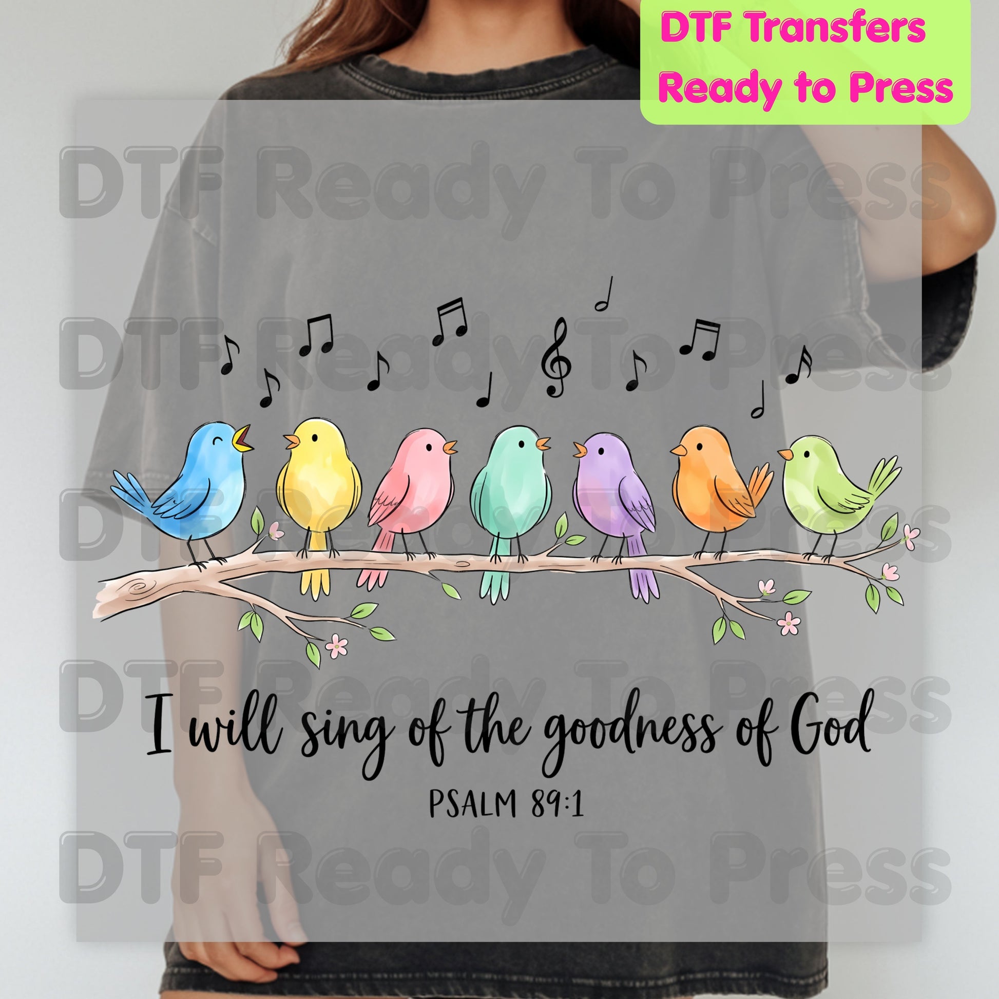 I Will Sing of God's Goodness DTF Transfers, Psalm 89:1 Christian Colorful Songbirds Bible Verse Ready to Press