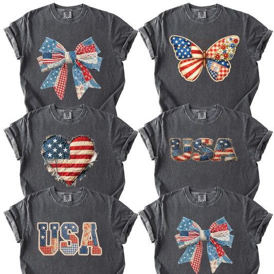 USA Faux Yarn Printed Comfort Colors T Shirt America Flag Heart Apparel Butterfly American Tees America Coquette Bow Clothing