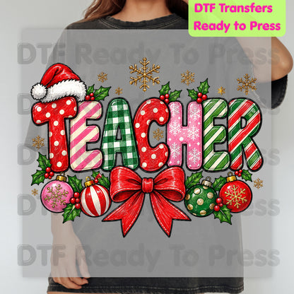 hristmas Teacher DTF Transfers, Holiday School Bow Ornaments Santa Hat Graphic Ready to Press