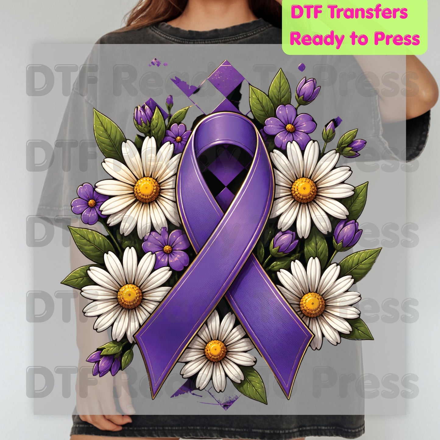 Purple Ribbon DTF Transfer Ready to Press Daisies Flowers Awareness Heat Transfer Tee Print Direct to Film Transfer